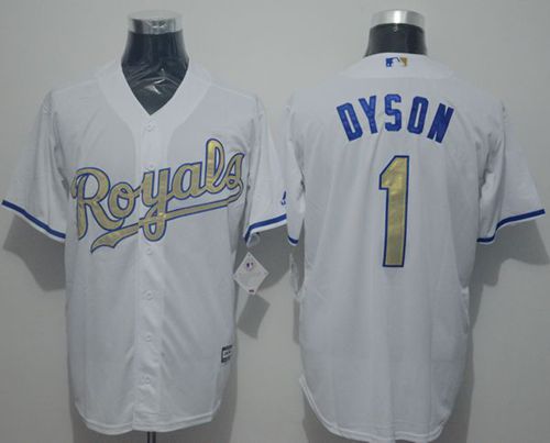 Royals #1 Jarrod Dyson White New Cool Base 2015 World Series Champions Gold Program Stitched MLB Jersey